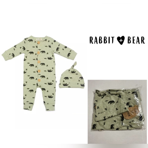 Rabbit + Bear Other - 🆕RABBIT + BEAR ORGANIC - 3/6M - NWT - INFANT BOYS 2PC WOODLAND BEAR COVERALL SET
